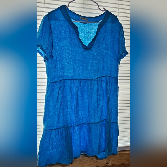 M Made In Italy Dresses & Skirts - Vibrant Blue Linen Short Sleeve Dress